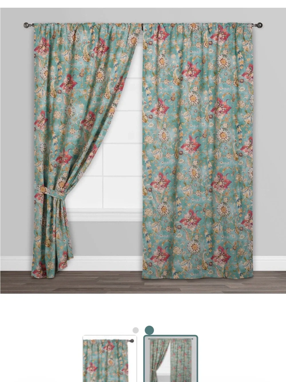 Cost Plus World Market Blue Floral Curtain Panel with Red & Cream Accents